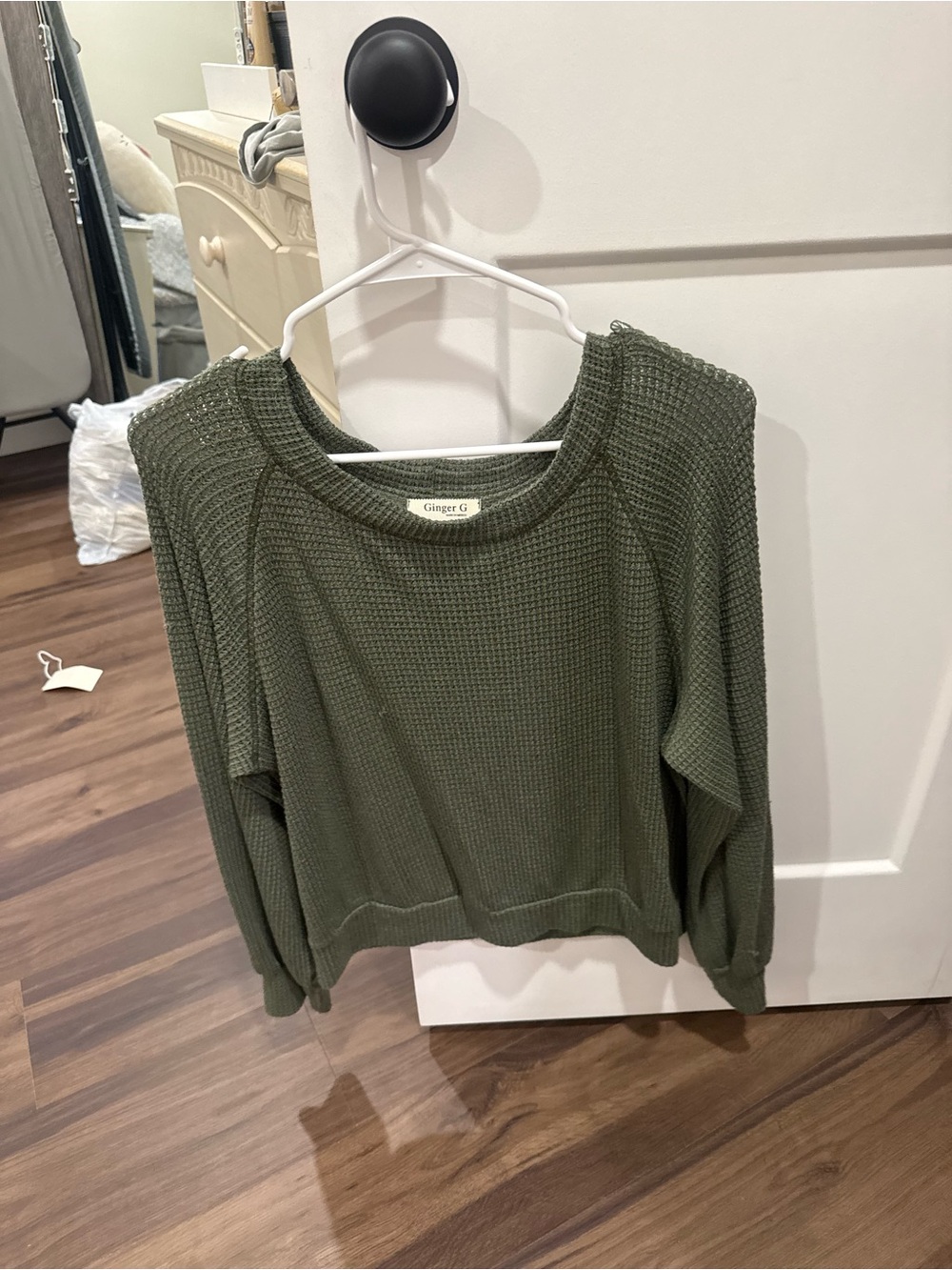 Ginger G Olive Green Waffle Knit Crewneck Sweater